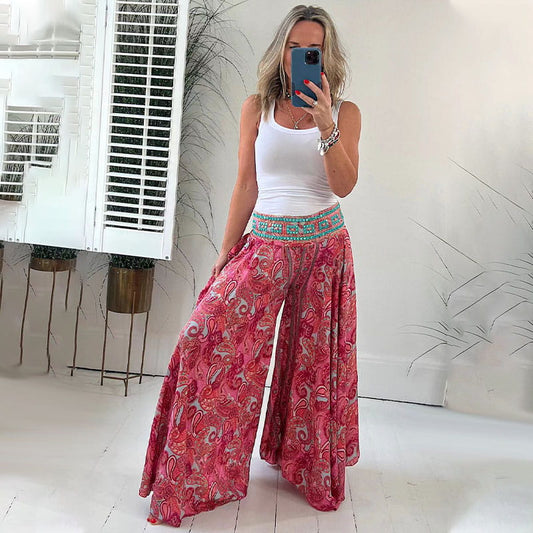 🌺2025 Spring Sale 50% OFF🌺Ethnic Paisley Print Elastic Patchwork-Waist Lightweight Pants