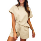 🔥Summer Hot Sale 49% OFF💝✨Women's Solid Textured Casual Short Sleeve Top Drawstring Shorts Set