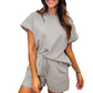 🔥Summer Hot Sale 49% OFF💝✨Women's Solid Textured Casual Short Sleeve Top Drawstring Shorts Set